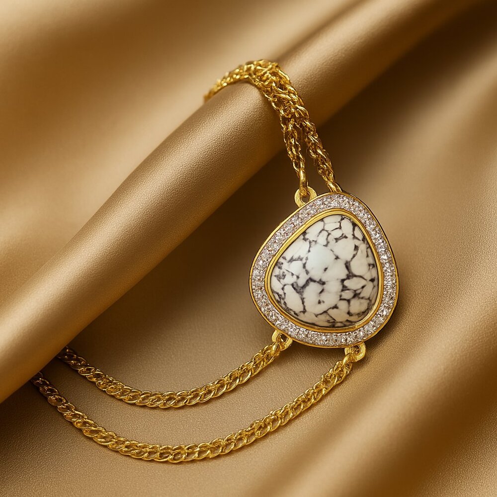 Gold Chain Necklace w/ Marble Pendant & Sparkling Crystal Halo – Statement Jewel